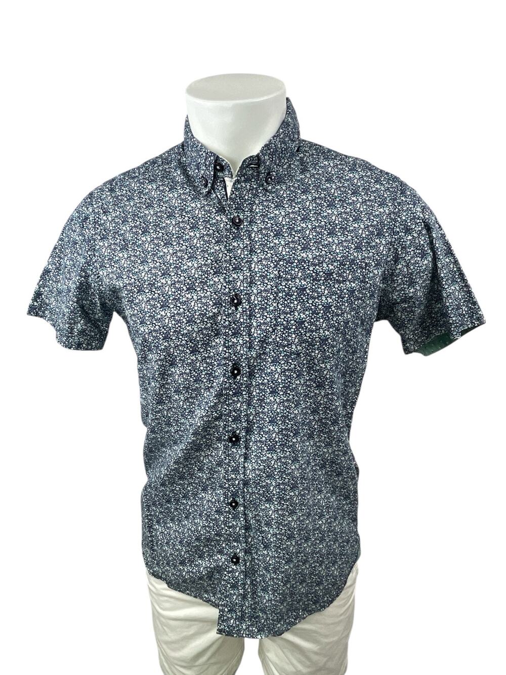 Level Ten Mens Gray Floral Short Sleeve Slim Casual Button Down Shirt Top Size S
